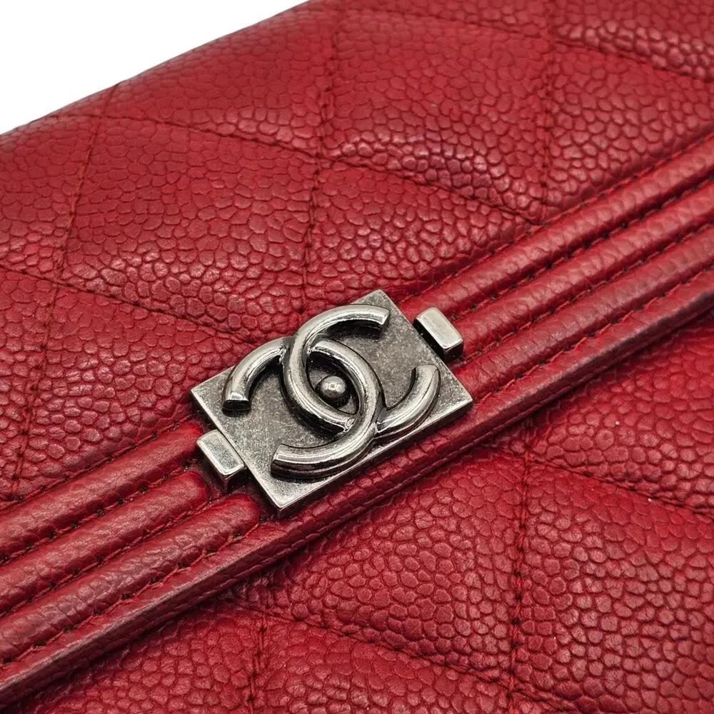 Chanel Boy Wallet Caviar Leather Red with Antique Silver HW 22 series with box